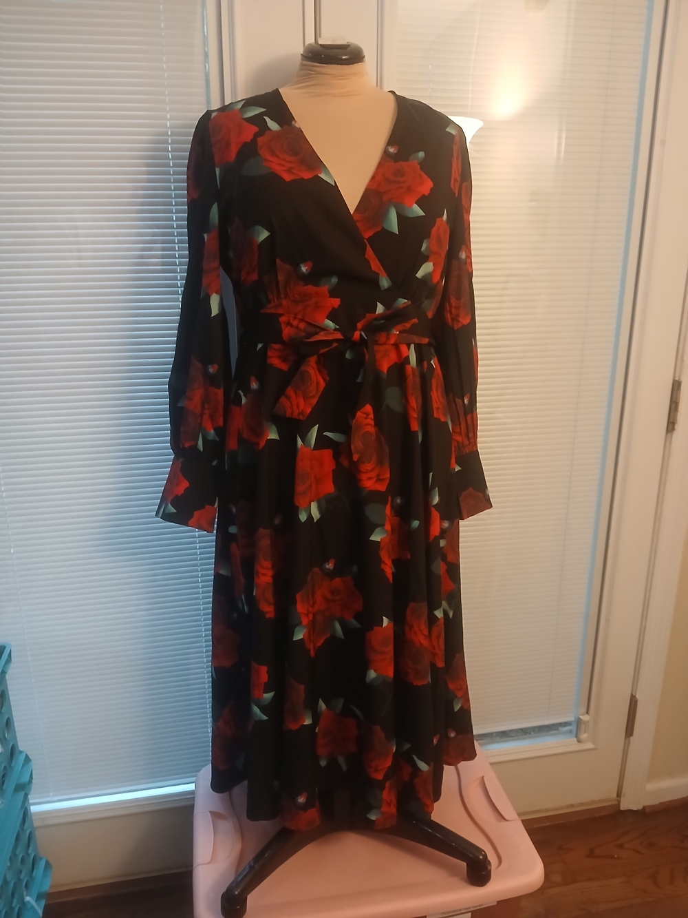 Black with Red Roses Midi Faux Wrap Dress